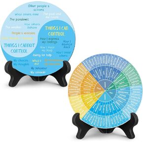 2 Pcs Things I Can Control Therapy Office Desk Decor with Black Base Calming Emotions Wheel Chart Mental Health Decor Feelings Psychology Decor for Home Office School Counselor Women Men (Bright)