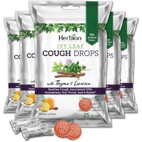 Herbion Naturals Ivy Leaf Cough Drops with Thyme & Licorice, Natural Honey Lemon Flavor, Dietary Supplement, Soothes Cough, for Adults and Children Over 6 Years, 25 Drops, Pack of 5