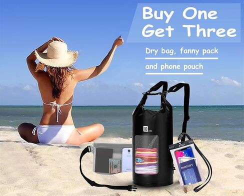 حقيبة AiRunTech الجافة المقاومة للماء، حقيبة ظهر قابلة للطي خفيفة الوزن للتخزين مع حقيبة للخصر/الهاتف للسفر والشاطئ والسباحة وركوب القوارب والتجديف وصيد الأسماك وإكسسوارات الرياضات المائية الأساسية in Kuwait