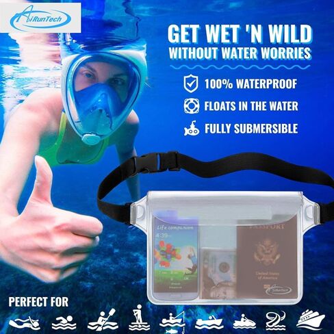 حقيبة AiRunTech الجافة المقاومة للماء، حقيبة ظهر قابلة للطي خفيفة الوزن للتخزين مع حقيبة للخصر/الهاتف للسفر والشاطئ والسباحة وركوب القوارب والتجديف وصيد الأسماك وإكسسوارات الرياضات المائية الأساسية in Kuwait