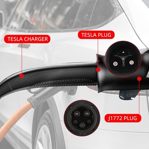 محول Reaeng Tesla إلى J1772 محمول ومقاوم للماء IP55، محول شحن Tesla 60A 250V مناسب لجميع موصلات الهاتف المحمول لشاحن الوجهة J1772 EVSE in Kuwait