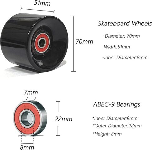 عجلات لوح تزلج 70 مم عجلات تزلج 80 أمبير مع محامل وفواصل ABEC-9، أداة لوح التزلج، وسادات رفع لوح التزلج، ومسامير براغي لأجهزة لوح التزلج، مناسبة لألواح التزلج الطويلة - أسود in Kuwait