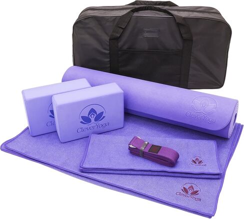 Clever Yoga Set - Complete Beginners 7-Piece Yoga Kit Includes 6mm Thick Yoga Mat, 2 Yoga Blocks, Yoga Strap, Mat Towel, Hand Towel and Carrying Bag for Women and Men in Saudi Arabia