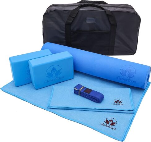 Clever Yoga Set - Complete Beginners 7-Piece Yoga Kit Includes 6mm Thick Yoga Mat, 2 Yoga Blocks, Yoga Strap, Mat Towel, Hand Towel and Carrying Bag for Women and Men in Saudi Arabia