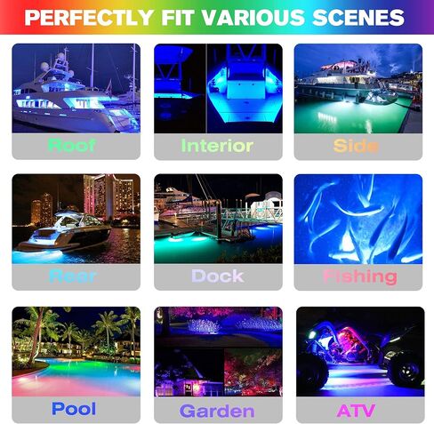 HUSUKU GT3 Boat RGB LED Light Underwater Marine Color Light Kit، جسم معدني بالكامل، 6000LM 12V 60W 72LED IP68 مقاوم للماء، تجميع لاسلكي والتحكم في المزامنة التلقائية، لليخوت/القارب/الرصيف/أضواء الصيد in Kuwait