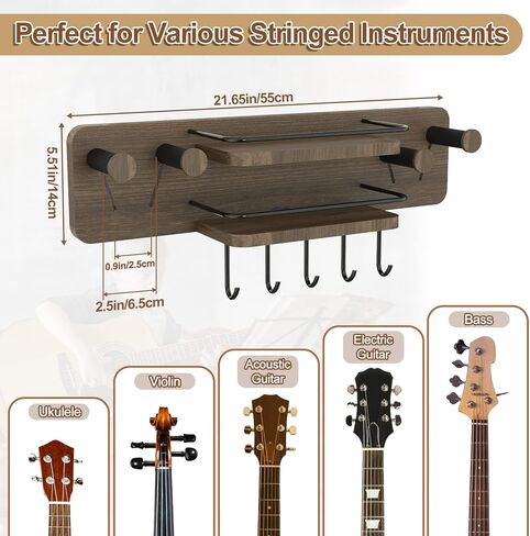 Guitar Wall Mount with 2 Adjustable Hangers, Wood Guitar Wall Hanger with Shelf and 5 Hooks, Guitar Holder Wall Stand Hanging Rack for Acoustic, Electric Guitar, Bass, Ukulele, Mandolin in Kuwait