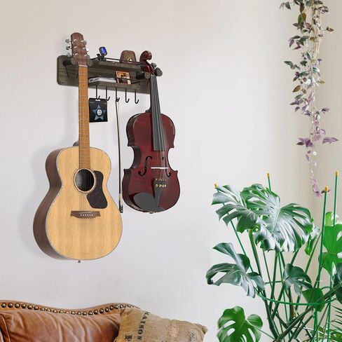 Guitar Wall Mount with 2 Adjustable Hangers, Wood Guitar Wall Hanger with Shelf and 5 Hooks, Guitar Holder Wall Stand Hanging Rack for Acoustic, Electric Guitar, Bass, Ukulele, Mandolin in Kuwait