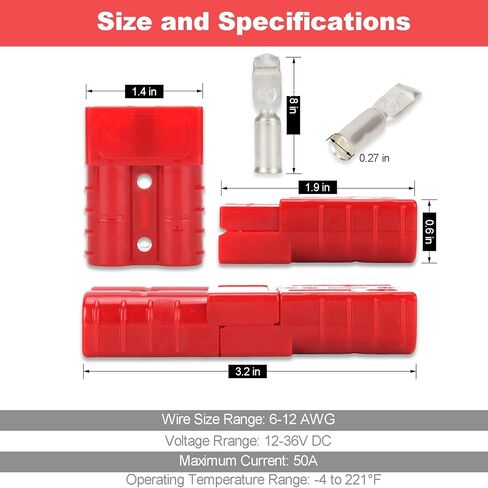 موصل كابل البطارية 50 أمبير، سلك قياس 6-12 توصيل سريع/فصل قابس السرج، مجموعة استعادة الموصل لمقطورات ونش السيارة - أحمر (مجموعتان) in Kuwait