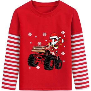Christmas Shirt for Toddler Boys Dino Xmas Tree Santa Reindeer Bus Monster Truck Red White Stripe Sleeve Long Tshirt Tops