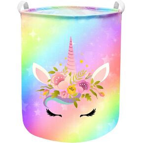 Unicorn Laundry Basket Hamper Large Sized Round Storage Basket Waterproof Bin Collapsible Laundry Basket for Room Organizer, Bedroom Nursery Playroom Clothes (62.8L)