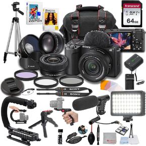 Sony ZV-E10 II + 16-50mm Lens, LED Light, Microphone, 64GB, U-Grip, Filters, Tripod, Case, Software, & More – Pro Video Bundle (35pc)