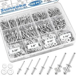 780pcs 14 Sizes Pop Rivets Aluminum Rivets with Washer Assortment Kit (3/32" 1/8" 5/32" 3/16" 1/4"), Assorted Blind Rivets for assembling RV, furniture and plastic frame windows.