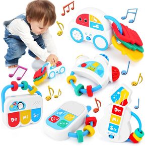 Baby Toys 6-12 Months - 5PCS Baby Rattle Toys with Music & Teether, Montessori Toys for Babies 0 3 6 9 12 18 Months, Toddler Travel Toys Newborn Infant Developmental Toys for Boys Girls Gifts