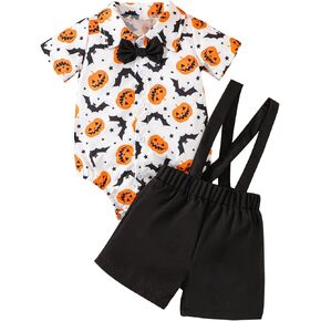 Baby Boy Halloween Outfit Pumpkin Print Short Sleeve Lapel Button Down Romper with Suspender Shorts Set