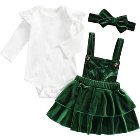 Baby Girl Christmas Outfit Suspender Skirt Set Solid Ribbed Romper Velvet Overall Dress With Bow Fall Winter Clothes
