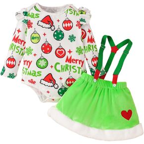 Yanmucy Newborn Baby Girl Christmas Dress Plush Suspender Skirt+Printed Romper Outfit Toddler Christmas Bodysuit 0-24 Months