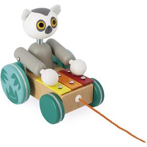 Janod - Tropik Pull-Along Lemur Xylophone - 2-in-1 Wooden Early-Learning Toy - Musical Educational Toy - Walking and Balancing - Water-Based Paint - 18 Months + J08270
