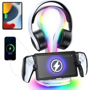 FYOUNG Gaming Headset Holder with Charging Dock Station for Playstation Portal,Atmosphere Light Stand with Magnetic Charging Headphone Stand & Extra 2 USB Charger Ports for Desktop PC Game Accessories