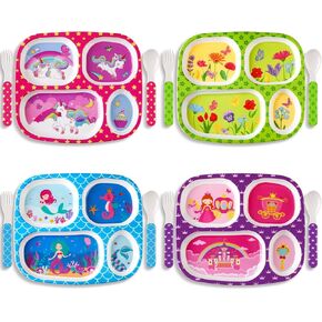 Hoolerry 4 Set Melamine Dinner Plate for Kids Boys Girls Dinnerware Divided Plates with Fork and Spoon Elk Shark Dinosaur Vehicle Excavator Unicorn Kids Dishes for Top Rack Dishwasher Safe (Cute)