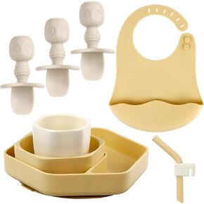 8 Pack Silicone Baby Dishware Set, Baby Feeding Set, Baby led Weaning Supplies & Utensils Suction Plate and Bowl, Baby Cup with Straw, Bib, Feeder Spoons (Pink)