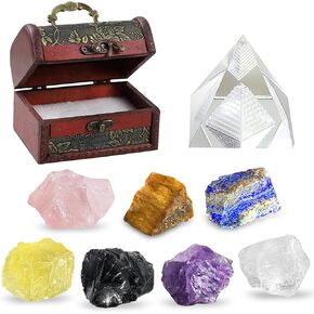 28Pcs Natural Healing Crystals and Stone Healing Crystals Set with Tiger's Eye Pyramid,Necklace and Pendulum,7 Raw Crystals and 7 Tumbled Chakra Stones, Gifts for Crystal Beginners