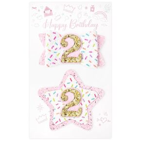 DEEKA 4th Birthday Hair Bow and Badge Set Birthday Decorations for Girl Glitter Pink and White Hair Clips for 4 Year Girl Birthday Party Decoration for Girls Toddlers Hair Accessories