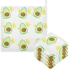Fresh Green Avocado Baby Muslin Washcloths Paw Print Fruits Burp Cloths Soft Absorbent Baby Wash Cloth Fingertip Face Towels for Newborn Boys Girls 12 x 12 in, 5 Pack