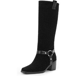 Women's Block Heel Lmitation Lamb Wool Mid Calf Boots Square Toe Buckle Boots