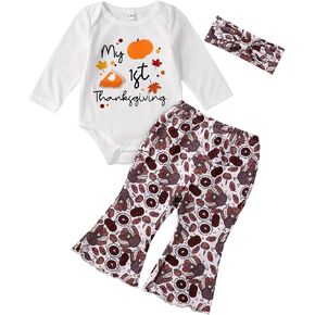 My First Thanksgiving Baby Girl Outfit Newborn Turkey Romper Bell Bottom Pants Headband Baby Thanksgiving Clothes Set