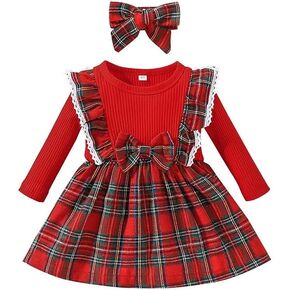 Baby Girl Clothes Fall Winter Long Sleeve Plaid Ribbed Ruffle Dress + Bows Headbands Christmas Outfit