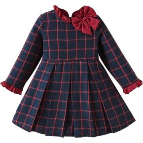 Girls Long Sleeves Dress Tutu Dress Children Navy Blue Plaid Princess Dress Toddler Dress Round Neck Dress Fall Outfit
