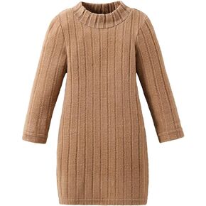 Girls Sweater Dresses Kids Long Sleeve Ribbed Knit Pullover Solid High Collar Spring Fall Dress