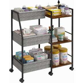 Baby Diaper Caddy Organizer Cart, 3-Tier Rolling Cart with Dividers and Shelves, Bedside Utility Cart for Nursery Essentials, Large Capacity Mobile Storage Cart for Crib, Bedroom, Changing Table