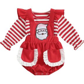 Madjtlqy Toddler Baby Girl Christmas Outfit Striped Long Sleeve Tops and Santa Suspender Skirt Set in Kuwait