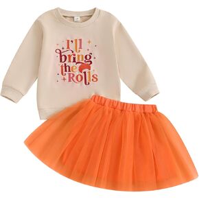 Toddler Baby Girl Thanksgiving Outfit Vintage Sweartshirt and Tulle Tutu Skirts Little Girls Dress Cute Clothes (I'll Bring the Rolls Orange, 12-18 Months)