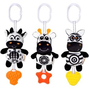 KAKIBLIN 3 Pack Hanging Rattle Toys, High Contrast Baby Hanging Toys and Plush Stroller Toys for Babies 0-18 Months,Newborn Car Seat Toys with Black and White Cartoon Shapes (21CM, Ladybug,Bee & Owl)