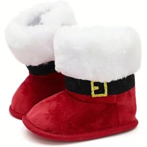 Cute Xmas Style Comfortable Boots For Baby Boys And Girls, Soft Warm Plus Fleece Boots For Indoor Walking, For Holiday & Party Dressing, Winter