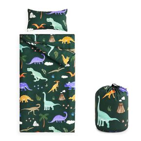 Wake In Cloud - Sleeping Bag for Kids Toddlers, Portable Compact Lightweight Backpacking Nap Mat with Pillow and Blanket, for Boys Girls, Cute Colorful Dinosaur, Purple White, 55" x 30"