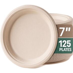 Disposable Plates, Sturdy and Durable Compostable Paper Plates - Heavy Duty, Eco-Friendly, Biodegradable, Unbleached, Sugarcane Bagasse Dinner Plate, 125-Pack 9 Inch