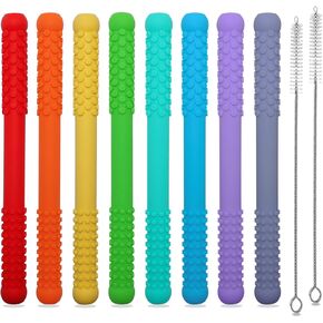Teething Straws Sticks for Babies 6-12 12-18 Months, Hollow Teething Tubes for Infant Toddlers Nursing Biting Chewing, 8 Pack Silicone Teethers Autism Chew Toys for Sensory Kids Teething Relief