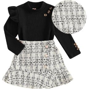 3PCS Toddler Girls Ruffle Shoulder Long Sleeve Ribbed Knitted Shirt + Ruffle Plaid Skirt + Beret Sets