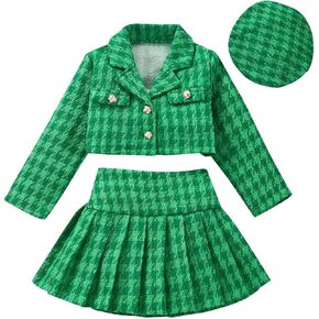 MAINESAKA Toddler Baby Girl Fall Winter Clothes Jacket And Skirt Set Plaid Cardigan Pleated Skirt With Hat Set Formal Outfits