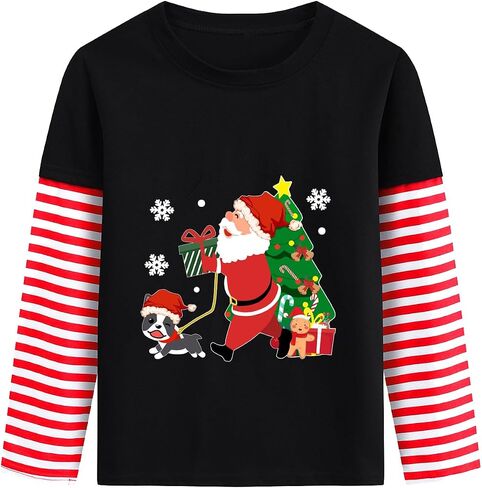 Christmas Shirt for Toddler Boys Dino Xmas Tree Santa Reindeer Bus Monster Truck Red White Stripe Sleeve Long Tshirt Tops in Saudi Arabia