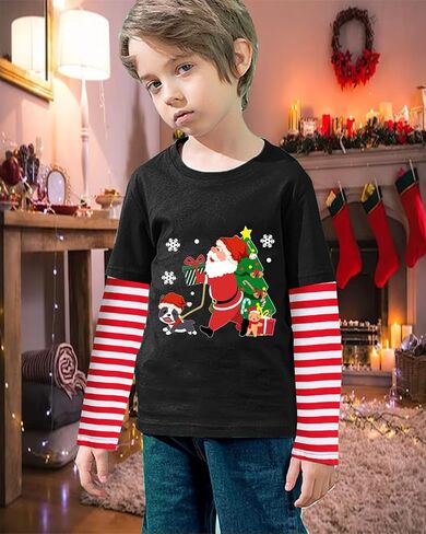 Christmas Shirt for Toddler Boys Dino Xmas Tree Santa Reindeer Bus Monster Truck Red White Stripe Sleeve Long Tshirt Tops in Saudi Arabia