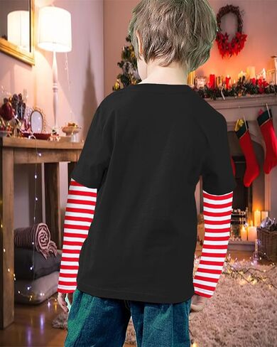 Christmas Shirt for Toddler Boys Dino Xmas Tree Santa Reindeer Bus Monster Truck Red White Stripe Sleeve Long Tshirt Tops in Saudi Arabia