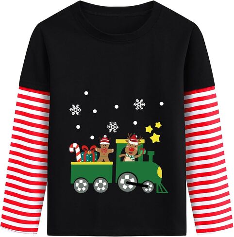 Christmas Shirt for Toddler Boys Dino Xmas Tree Santa Reindeer Bus Monster Truck Red White Stripe Sleeve Long Tshirt Tops in Saudi Arabia