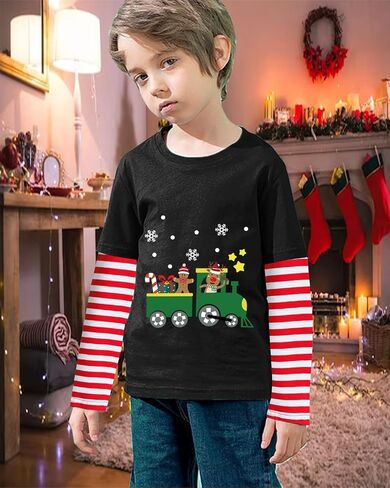 Christmas Shirt for Toddler Boys Dino Xmas Tree Santa Reindeer Bus Monster Truck Red White Stripe Sleeve Long Tshirt Tops in Saudi Arabia