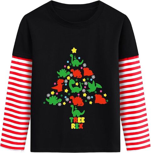 Christmas Shirt for Toddler Boys Dino Xmas Tree Santa Reindeer Bus Monster Truck Red White Stripe Sleeve Long Tshirt Tops in Saudi Arabia