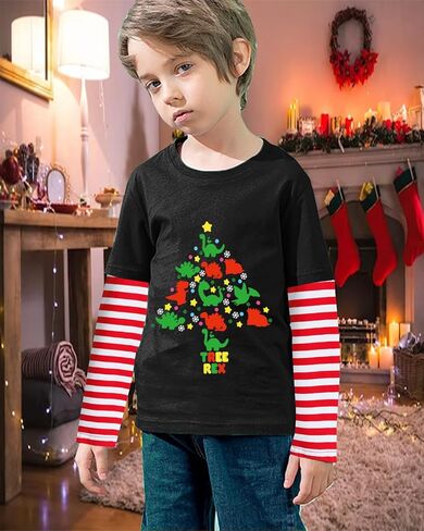 Christmas Shirt for Toddler Boys Dino Xmas Tree Santa Reindeer Bus Monster Truck Red White Stripe Sleeve Long Tshirt Tops in Saudi Arabia