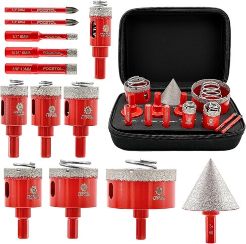 Diamond Core Drill Bit Set - FOCSTOL Diamond Hole Saw Kit for Porcelain Ceramic Tile 13pcs (6/8/10/20/25/28/32/35/45/65mm+50mm Beveling Chamfer Bit+6/6mm Carbide Drill) in Kuwait